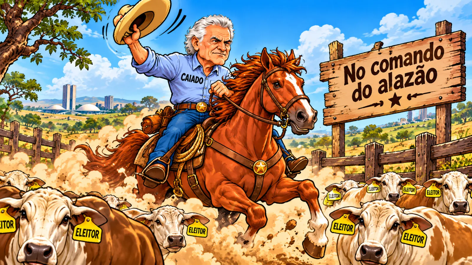 Charge: Ronaldo Caiado, de camisa azul, galopa num cavalo alazão acenando com o chapéu entre o gado.