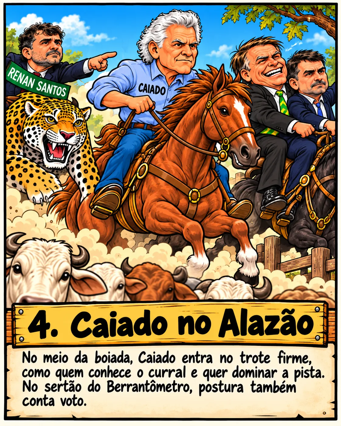 Charge: Caiado, de camisa azul com o nome no peito, galopa num cavalo alazão entre a onça de Renan Santos e uma mula com dois cavaleiros. Legenda: Caiado no alazão. No meio da boiada, Caiado entra no trote firme, como quem conhece o curral e quer dominar a pista. No sertão do Berrantômetro, postura também conta voto.