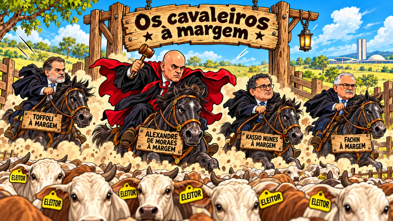 Charge: ministros do STF de toga, montados em cavalos pretos, galopam à margem da boiada sob uma placa 'Os cavaleiros à margem'.