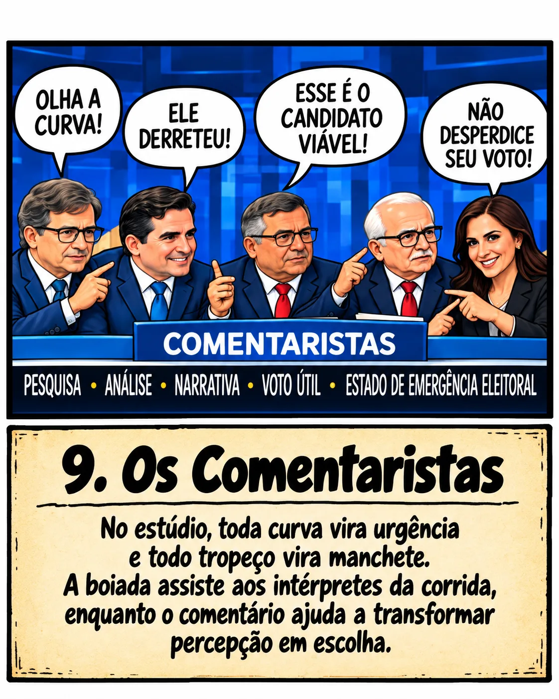 Charge: cinco comentaristas numa bancada de TV dizem 'Olha a curva!', 'Ele derreteu!', 'Esse é o candidato viável!', 'Não desperdice seu voto!'; no rodapé: pesquisa, análise, narrativa, voto útil, estado de emergência eleitoral. Legenda: Os comentaristas. No estúdio, toda curva vira urgência e todo tropeço vira manchete. A boiada assiste aos intérpretes da corrida, enquanto o comentário ajuda a transformar percepção em escolha.
