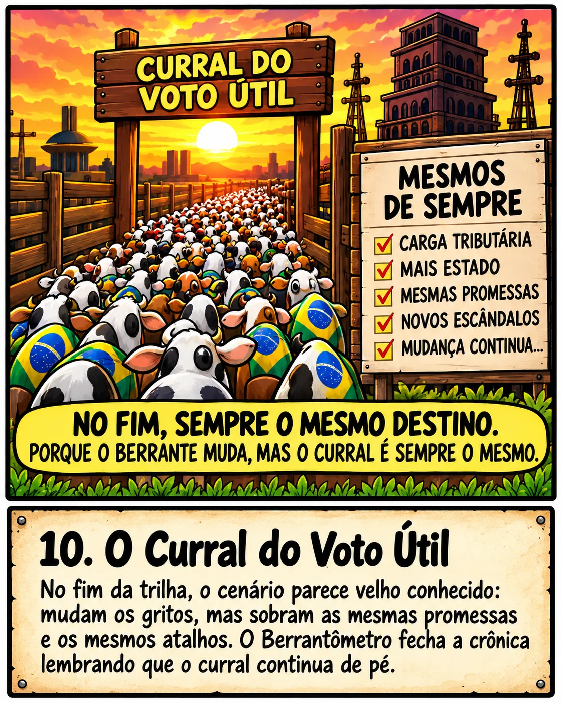 Charge: a boiada, coberta de bandeiras do Brasil, entra pela porteira 'Curral do voto útil' ao pôr do sol; uma placa lista 'mesmos de sempre: carga tributária, mais Estado, mesmas promessas, novos escândalos'. Faixa: 'O berrante muda, mas o curral é sempre o mesmo'. Legenda: O curral do voto útil. No fim da trilha, o cenário parece velho conhecido: mudam os gritos, mas sobram as mesmas promessas e os mesmos atalhos. O Berrantômetro fecha a crônica lembrando que o curral continua de pé.