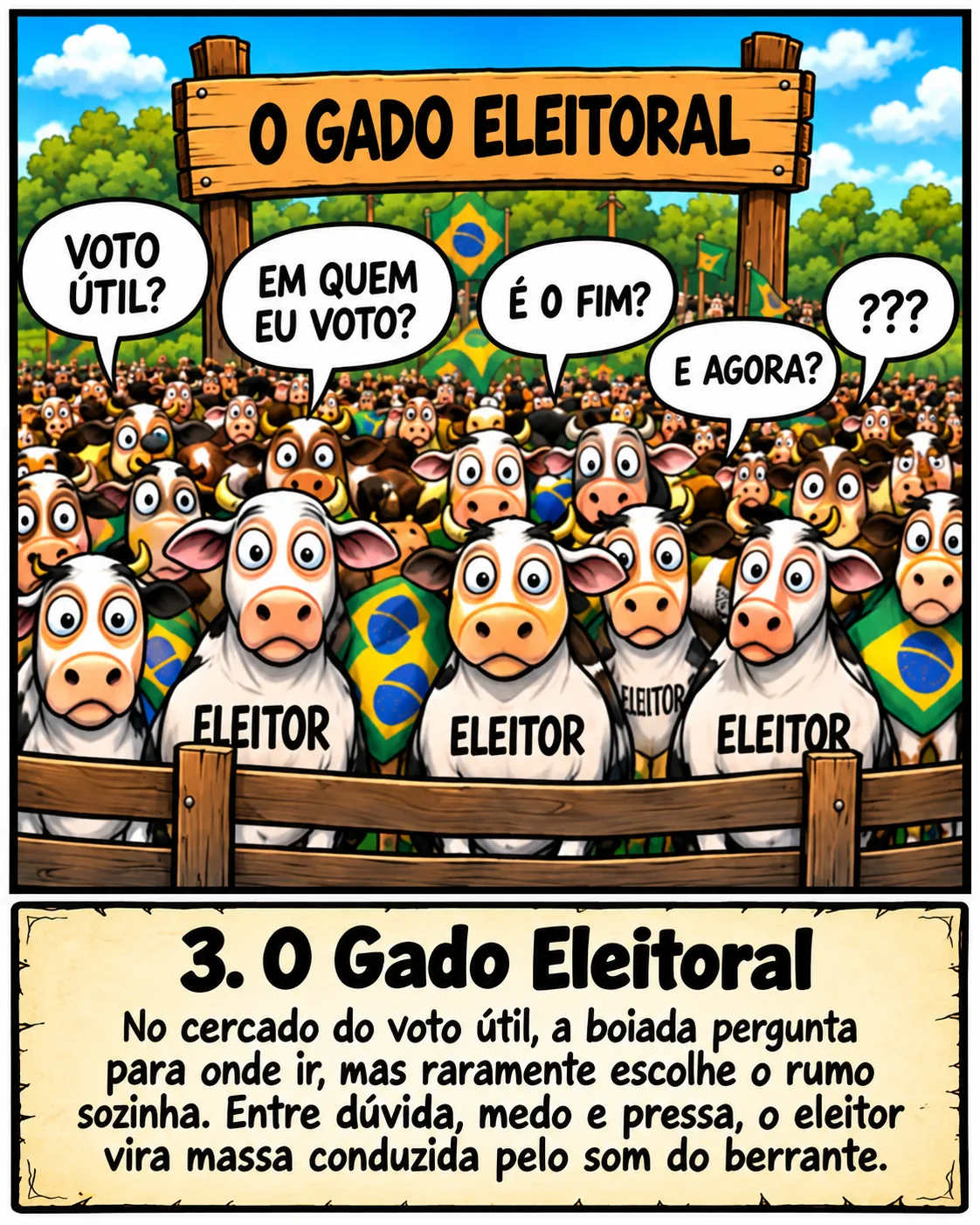 Charge: vacas de olhos arregalados com a palavra 'eleitor' no peito, apertadas num cercado, perguntam 'Voto útil?', 'Em quem eu voto?', 'É o fim?', 'E agora?'. Legenda: O gado eleitoral. No cercado do voto útil, a boiada pergunta para onde ir, mas raramente escolhe o rumo sozinha. Entre dúvida, medo e pressa, o eleitor vira massa conduzida pelo som do berrante.
