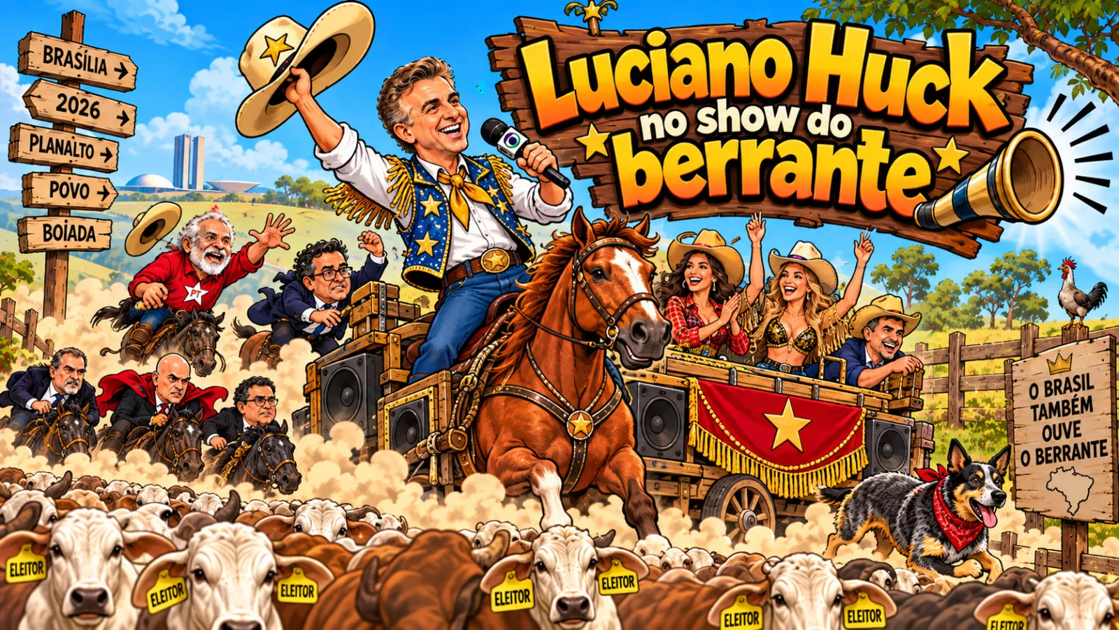 Charge: Luciano Huck, de colete de estrelas e microfone, cavalga à frente de uma carreta de som com dançarinas.