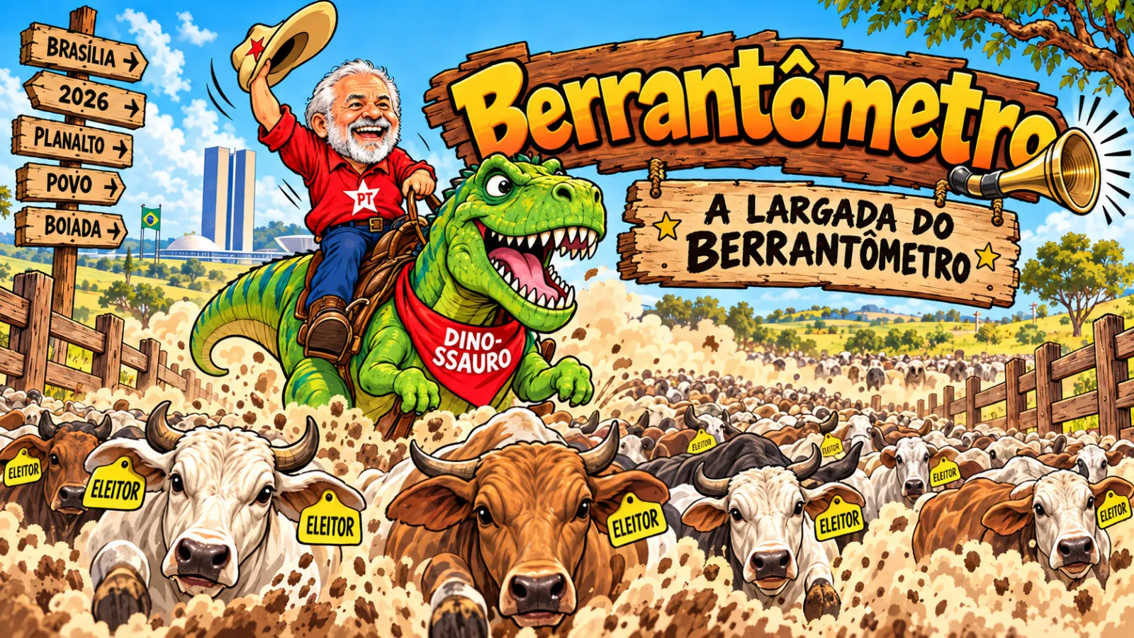 Charge: Lula, de camisa do PT, acena com o chapéu montado num dinossauro verde de lenço vermelho, à frente da boiada.