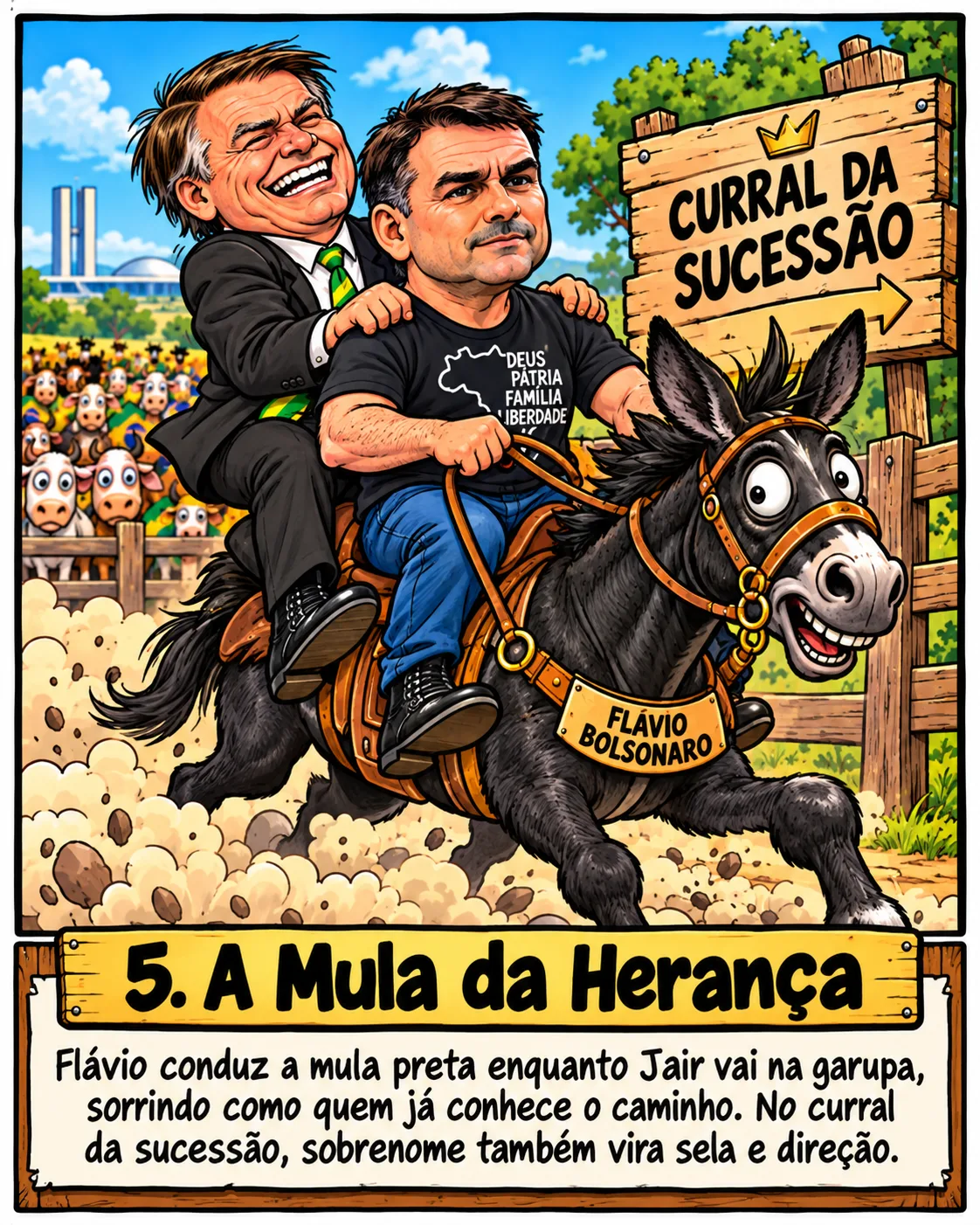 Charge: Flávio Bolsonaro conduz uma mula preta com Jair Bolsonaro rindo na garupa, rumo à placa 'Curral da sucessão'. Legenda: A mula da herança. Flávio conduz a mula preta enquanto Jair vai na garupa, sorrindo como quem já conhece o caminho. No curral da sucessão, sobrenome também vira sela e direção.