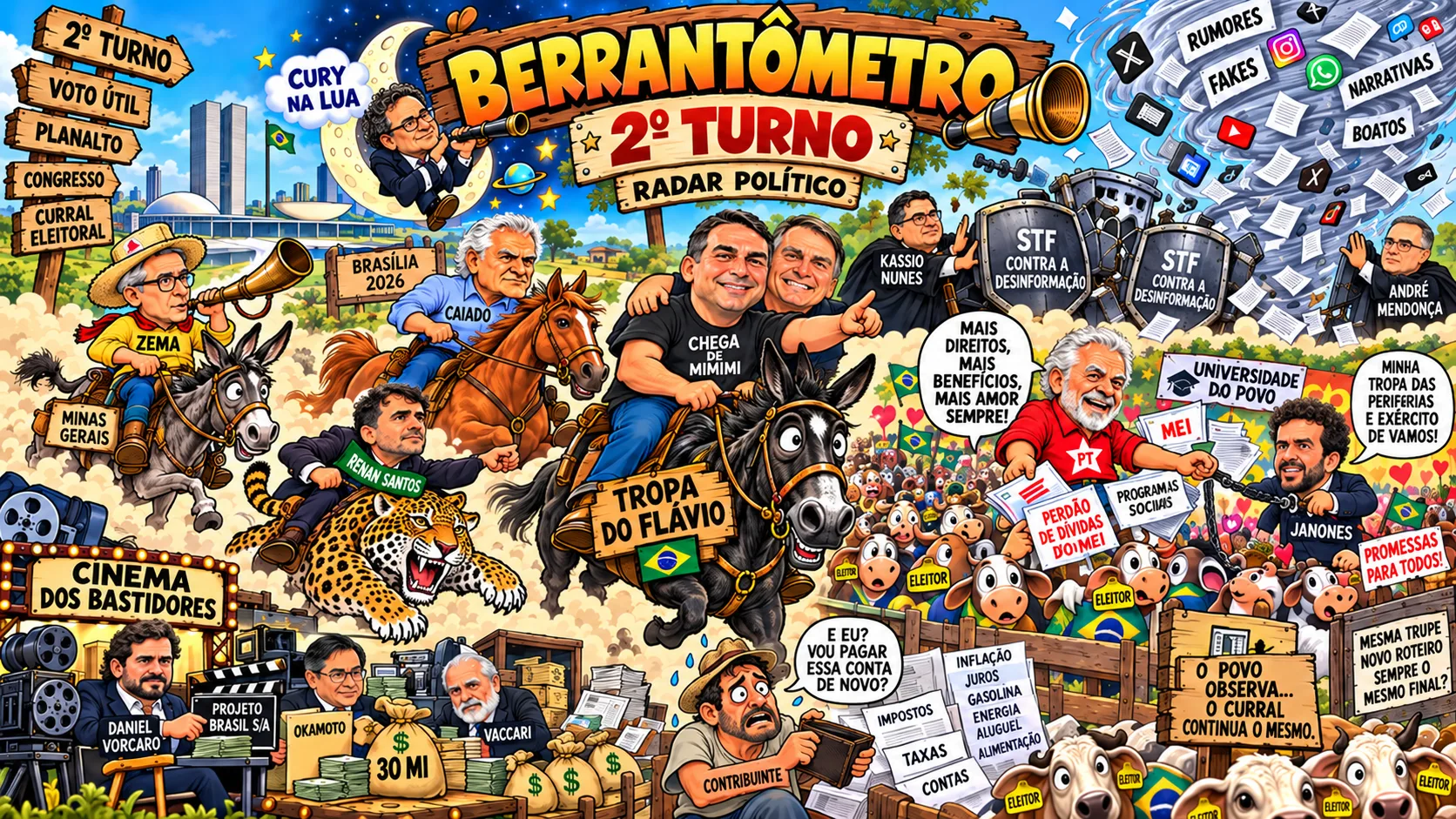 Charge 'O rodeio do 2º turno': candidatos em suas montarias diante da boiada de eleitores, o STF com escudos contra um redemoinho de boatos e o contribuinte segurando a carteira diante das contas.