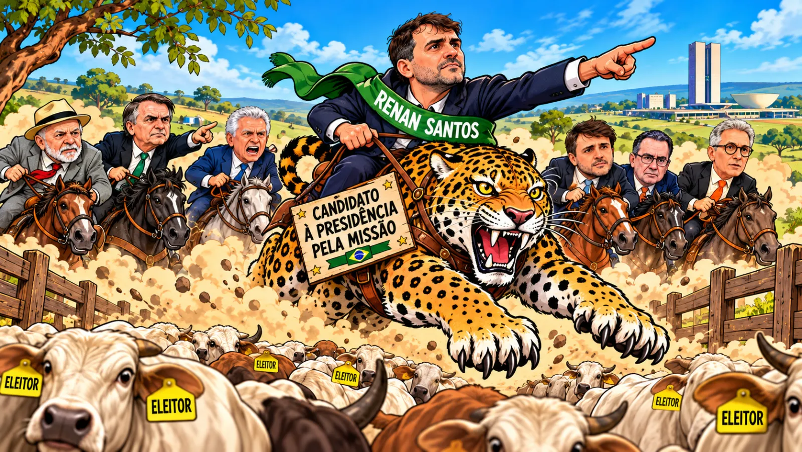 Charge: Renan Santos, de faixa verde, monta uma onça-pintada que ruge e aponta para a frente, com os adversários a cavalo atrás.