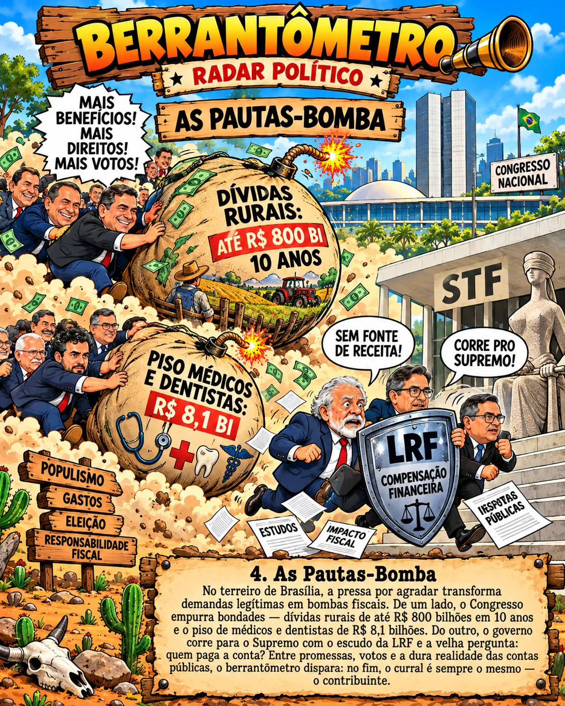Charge: o Congresso empurra bondades com fatura bilionária e o governo corre para o Supremo com o escudo da Lei de Responsabilidade Fiscal.