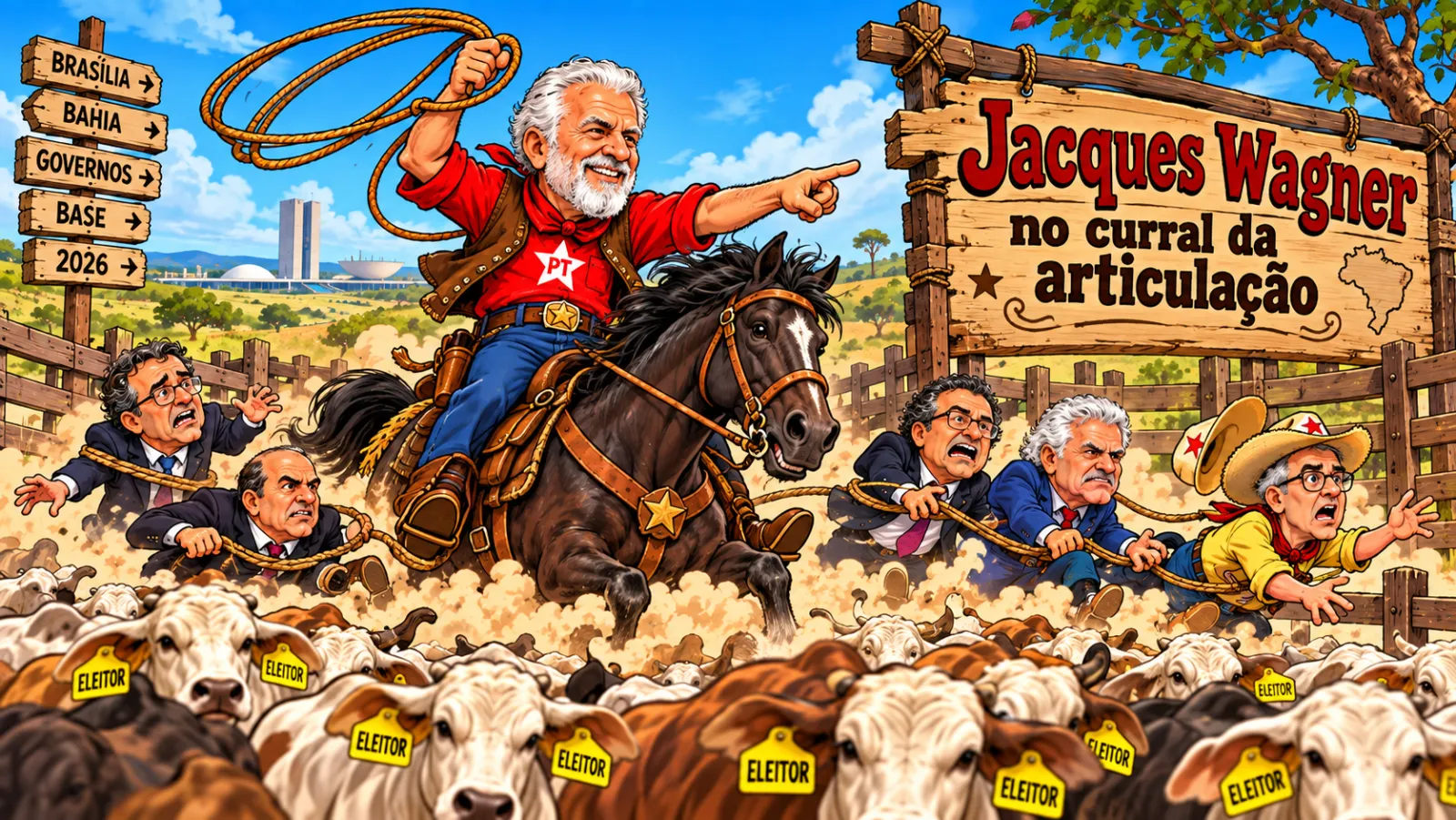Charge: Jacques Wagner a cavalo gira um laço, arrastando políticos amarrados por cordas, ao lado de uma placa 'no curral da articulação'.