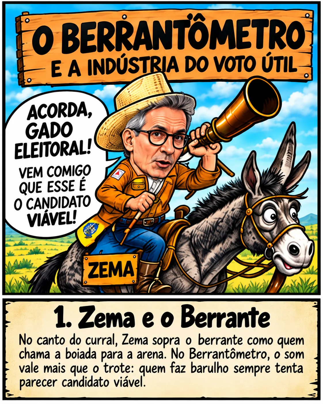 Charge: sob a placa 'O Berrantômetro e a indústria do voto útil', Zema, de chapéu de palha, toca berrante montado num jegue e grita 'Acorda, gado eleitoral! Vem comigo que esse é o candidato viável!'. Legenda: Zema e o berrante. No canto do curral, Zema sopra o berrante como quem chama a boiada para a arena. No Berrantômetro, o som vale mais que o trote: quem faz barulho sempre tenta parecer candidato viável.