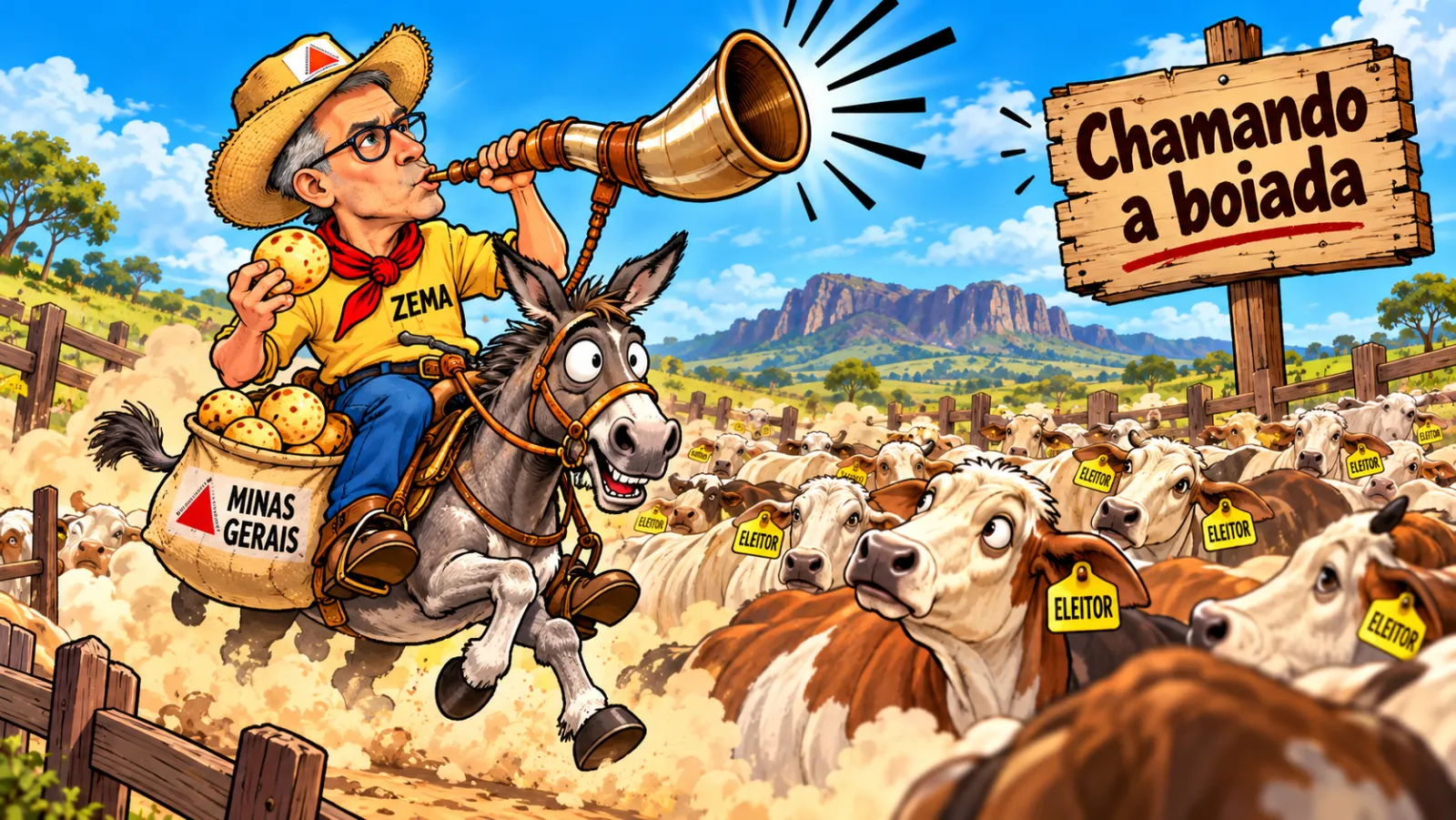 Charge: Romeu Zema, de chapéu de palha, toca berrante montado numa jegue, com um saco de pães de queijo de Minas Gerais.