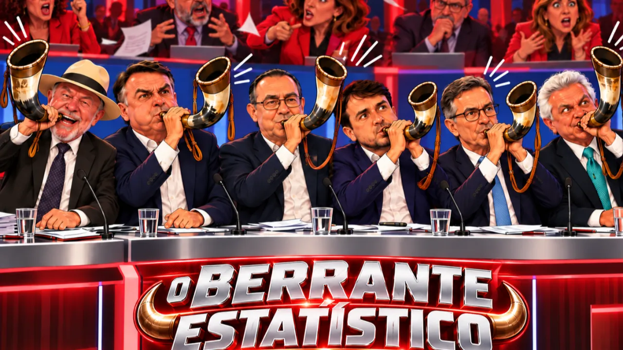 Charge 'O berrante estatístico': numa bancada de TV, comentaristas e políticos sopram berrantes. Legenda do autor: os coronéis tentando reunir o gado eleitoral.