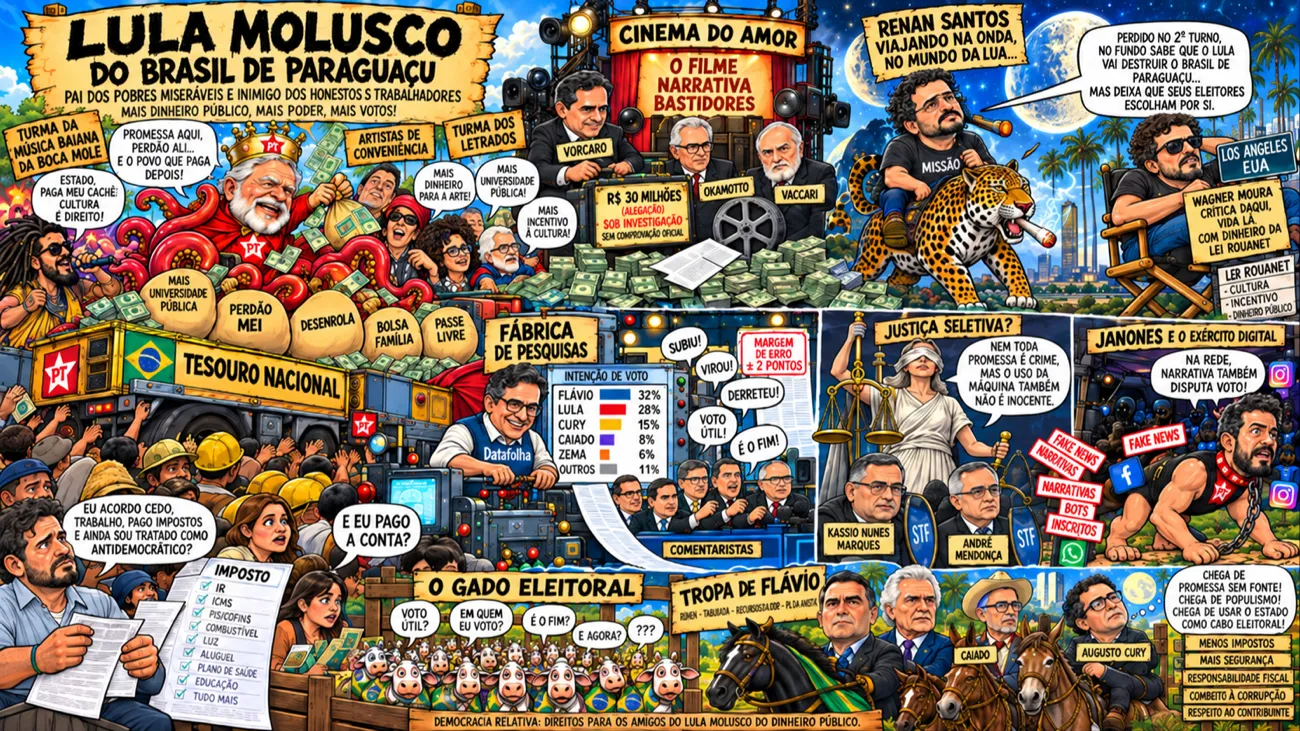 Charge panorâmica 'Lula Molusco do Brasil de Paraguaçu': palanque de promessas, fábrica de pesquisas, cinema do amor, o gado eleitoral e a tropa do Flávio.