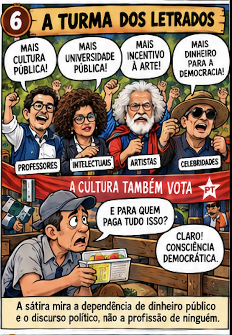 A turma dos letrados: a sátira mira a dependência de dinheiro público e o discurso político, não a profissão de ninguém.