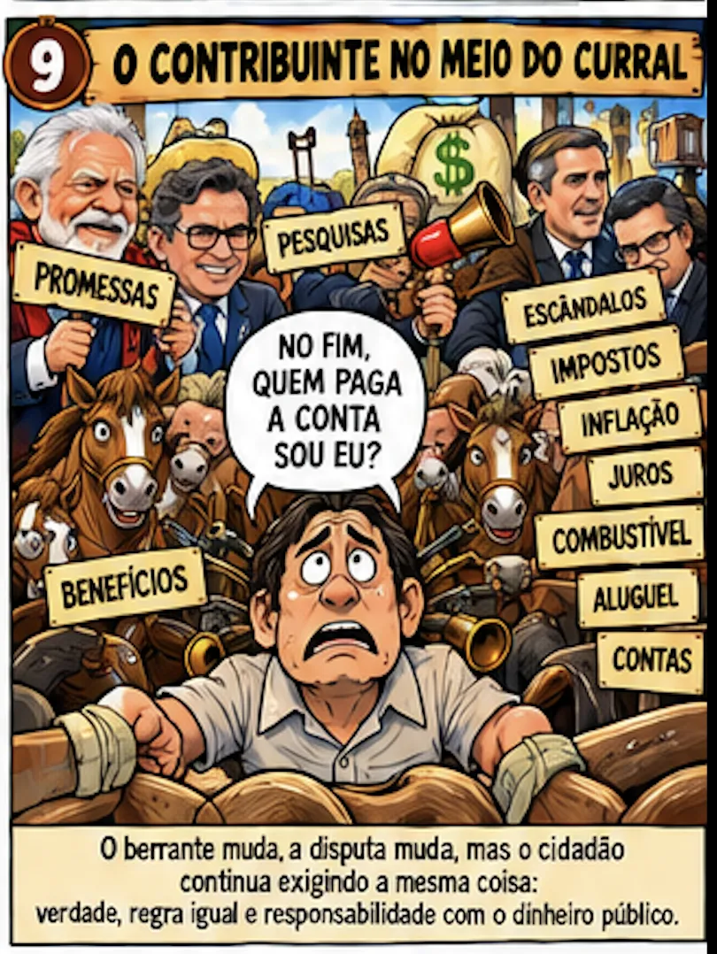 O contribuinte no meio do curral: o berrante muda, a disputa muda, mas o cidadão continua exigindo a mesma coisa: verdade, regra igual e responsabilidade com o dinheiro público.